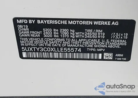 2020 BMW X3 Sdrive30I z USA, uszkodzony, nr VIN 5UXTY3C0XLLE55574